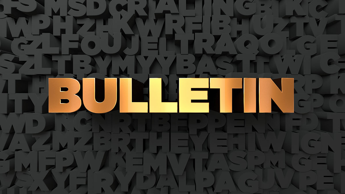 background filled with random letters, but in the center, one word is legible: "Bulletin"