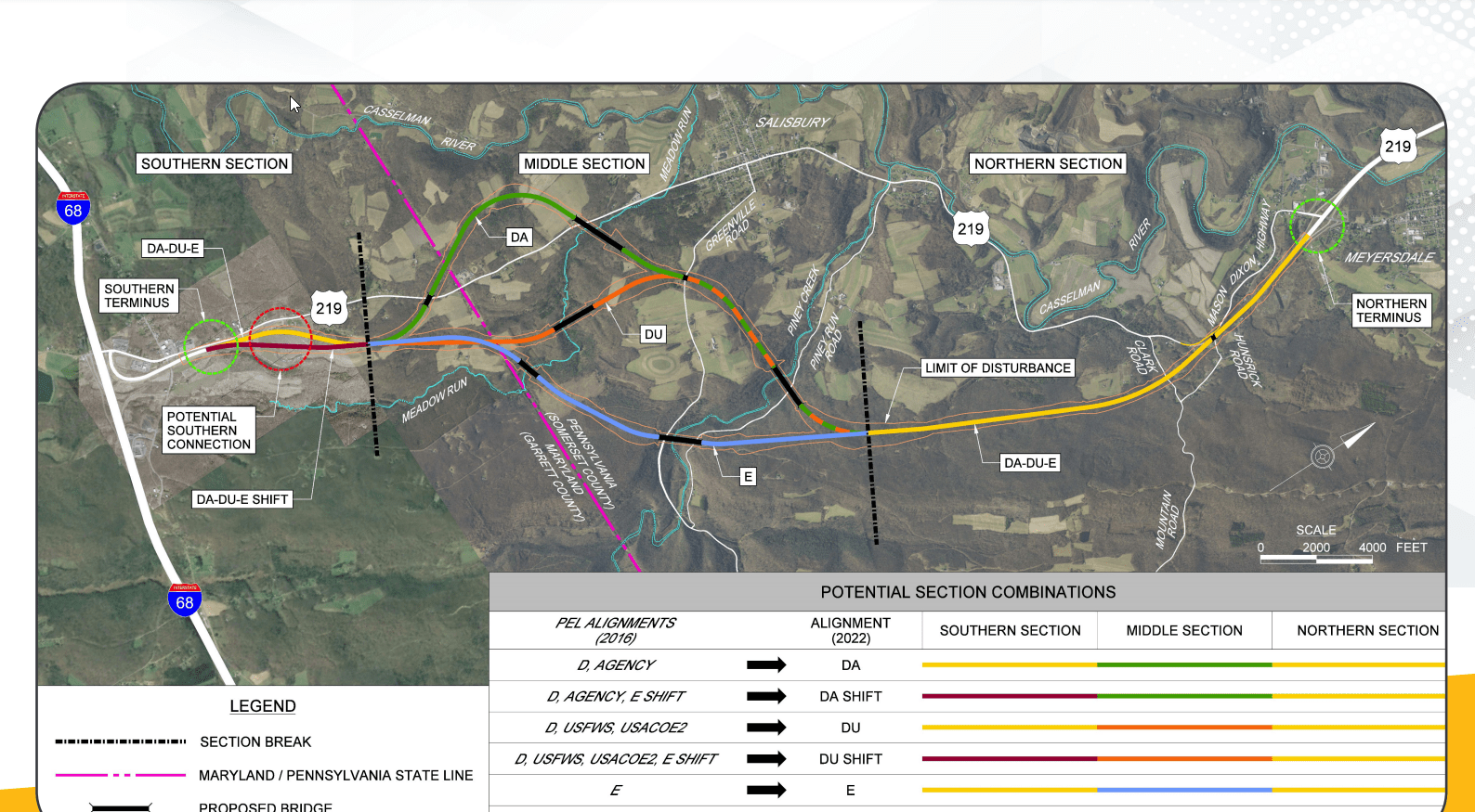 An aerial image of State Route 219 in Somerset County, along the Maryland border, that shows in different colors highlighting various roadway sections