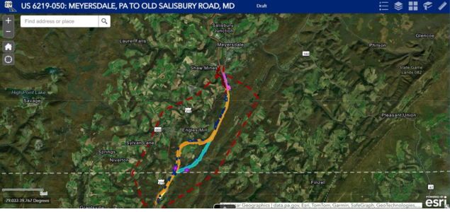 An aerial image of State Route 219 in Somerset County, along the Maryland border, that shows in different colors highlighting various roadway sections