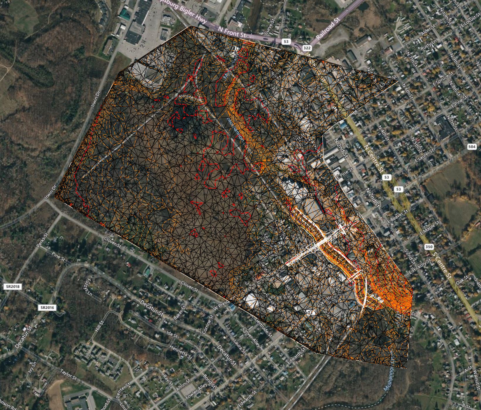 An aerial image of Moshannon Creek highlighting the surveyed area