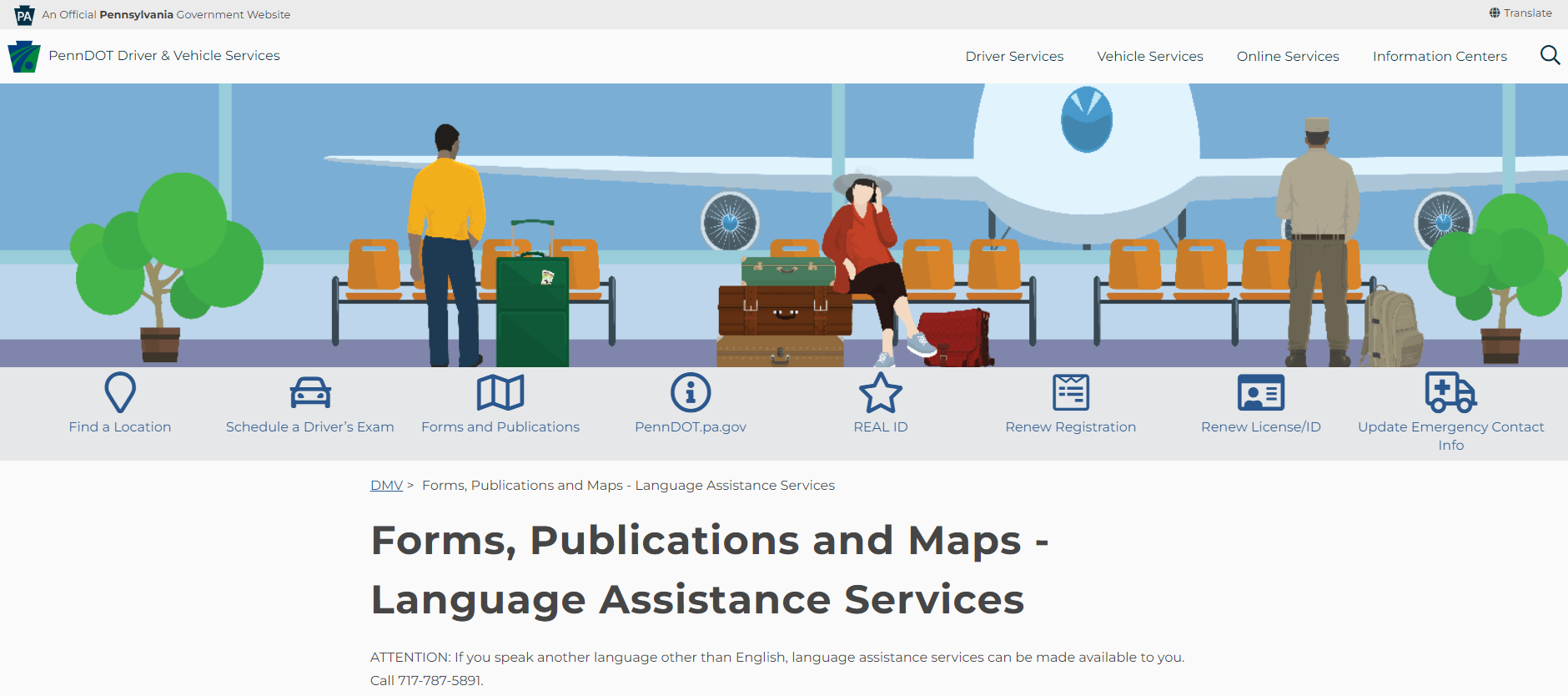 A screenshot from the top of the Forms, Publications and Maps page on PennDOT's Driver and Vehicle Services website